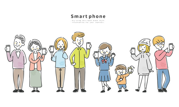 不同的人操作智能手机的插图。图片下载