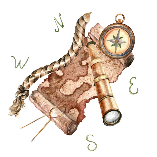 构成古地图古风格水彩插图孤立的白色。图片下载