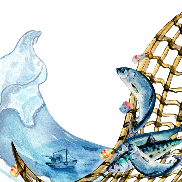 构成鲱鱼和渔网水彩插图孤立在白色。图片下载