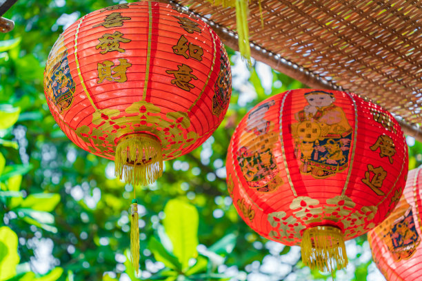 春节期间挂在树上的装饰烟花。传统的越南新年。照片中的文字意味着新年快乐，阖家平安。库存图片图片下载