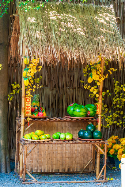 用藤篮和米花来装饰春节。有选择性的重点。库存图片图片下载