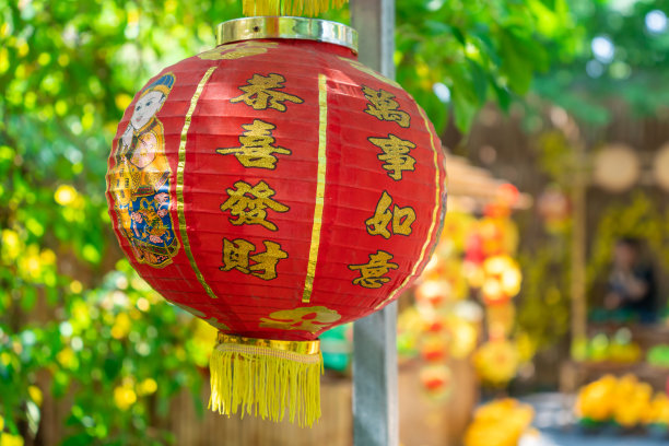 春节期间挂在树上的装饰烟花。传统的越南新年。照片中的文字意味着新年快乐，阖家平安。库存图片图片下载