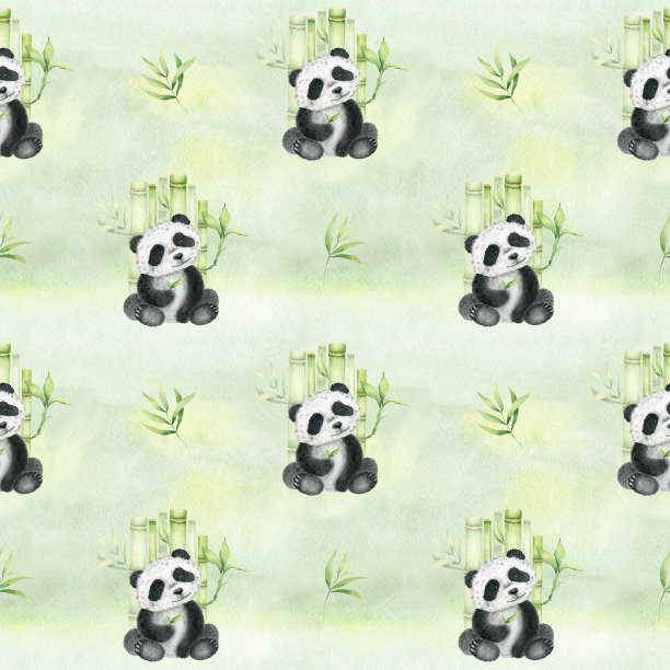 可爱的熊猫坐着拿着竹叶，竹叶。水彩绿色背景上的无缝图案。亚洲文化。用于纺织品、包装、墙纸、明信片。图片下载
