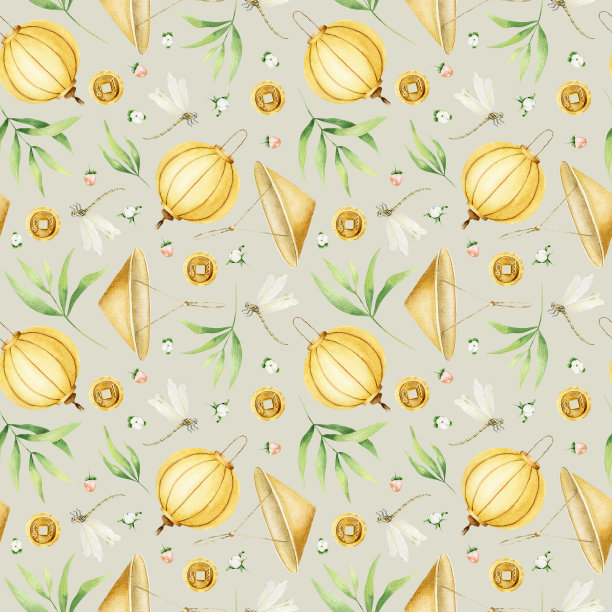 黄色的中国纸灯笼，蜻蜓，传统的中国帽子，竹叶，中国古钱币。无缝模式。中国新年。亚洲背景与节日符号。图片下载