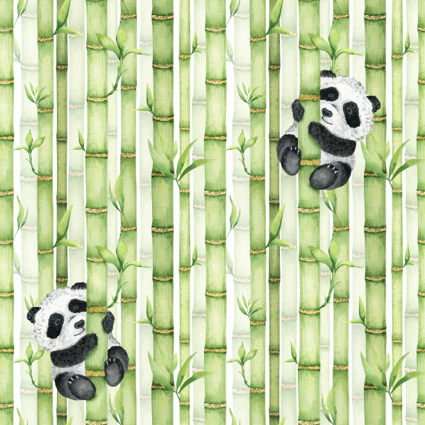 可爱的熊猫正抓着一根竹竿，竹竿。竹林。水彩无缝图案。亚洲文化。用于纺织品、包装、墙纸、明信片。图片下载