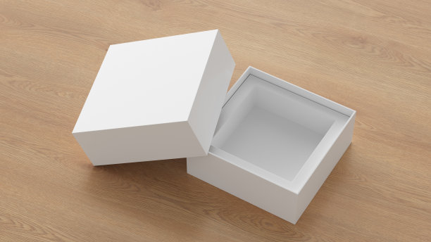 方形开箱包装模型在木制背景。设计模板图片下载