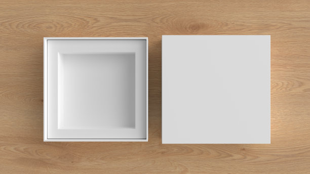 方形开箱包装模型在木制背景。设计模板图片下载