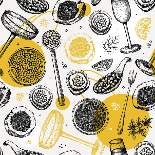 鱼子酱和香槟的无缝模式图片下载