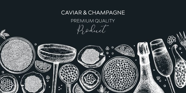 鱼子酱和香槟横幅设计。图片下载