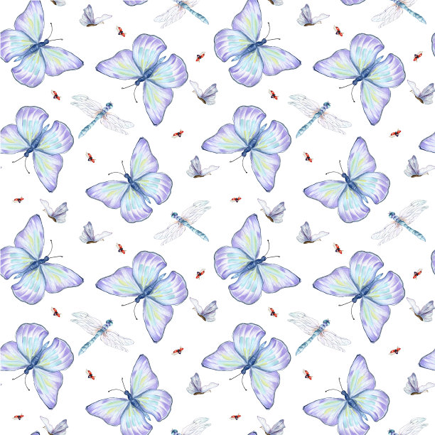 蓝色蝴蝶，蜻蜓和瓢虫水彩无缝图案上的白色。图片下载