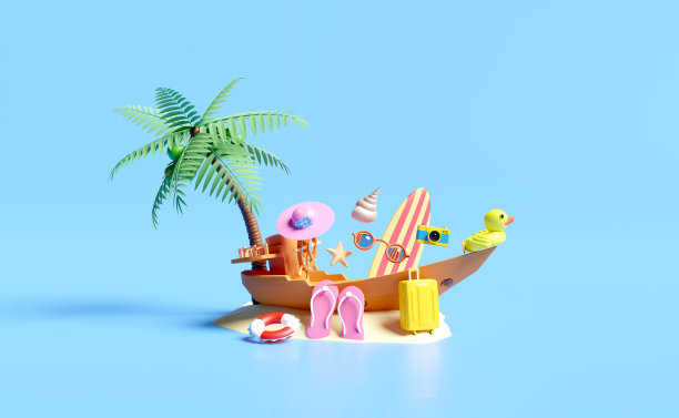 3d船与舵，船尾轮，手提箱，棕榈树，救生圈，黄色的鸭子，岛，相机，冲浪板，凉鞋孤立在蓝色背景。夏季旅游概念，3d渲染插图图片下载