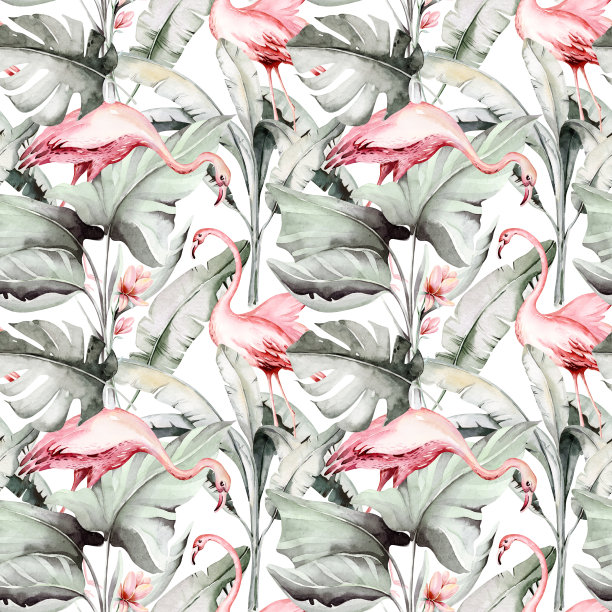 热带水彩鸟类蜂鸟，猴子和美洲虎，异国情调的丛林植物棕榈香蕉叶花，火烈鸟粉彩无缝图案织物背景图片下载