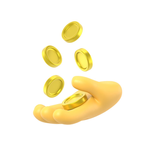 卡通手势图标模型。3d图标手与硬币飞行。货币概念，设计元素，白底3D渲染。图片下载