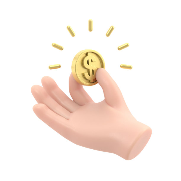 卡通手势图标模型。3d图标手与金币。货币概念，闪亮金币设计元素，白底3D渲染。图片下载