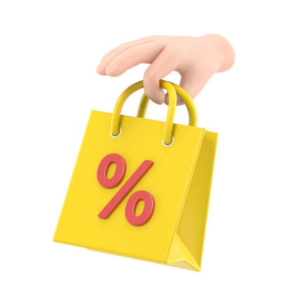 卡通手势图标模型。3d销售，手握购物袋图标。折扣概念，三维渲染在白色背景。图片下载