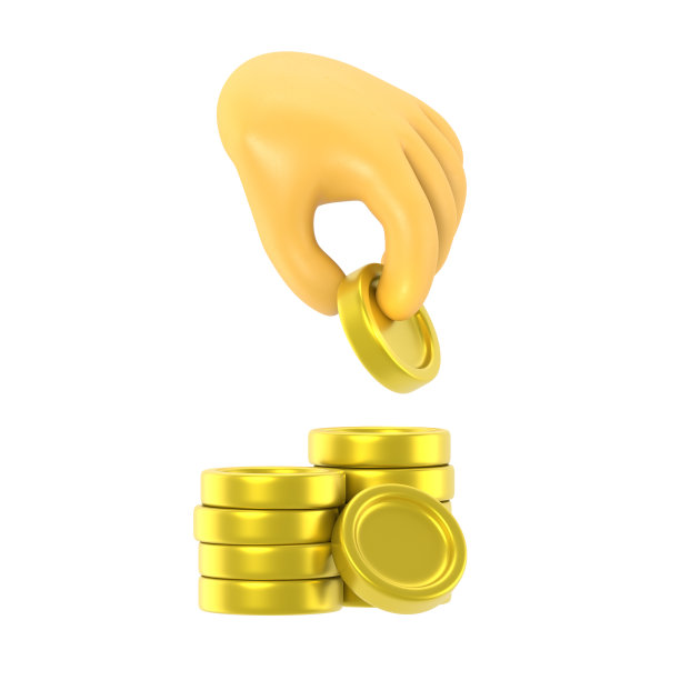 卡通手势图标模型。3d图标手给硬币。货币概念，金币设计元素，白底3D渲染。图片下载