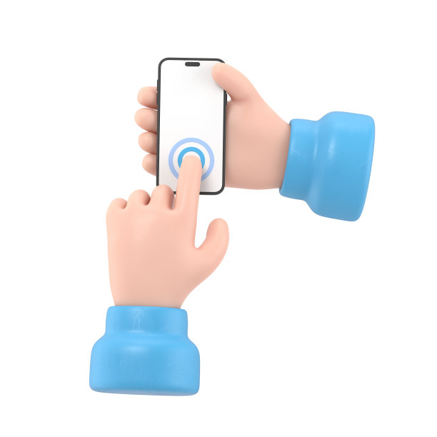 卡通手势图标模型。3d黑色皮肤的手触摸智能手机。使用手机的卡通图标或模型，白色背景的3D渲染。图片下载