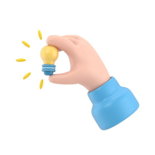 卡通手势图标模型。3d图标手握灯泡手势。卡通大创意概念，白底3D渲染。图片下载