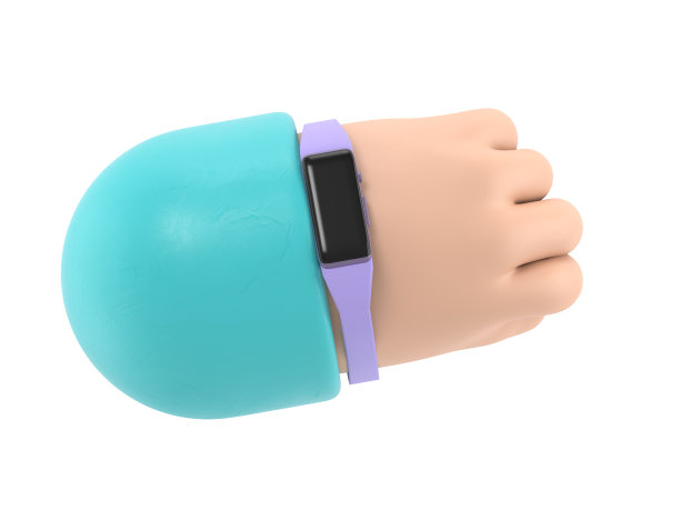 卡通手势图标模型。3d图标智能手表在手。卡通手臂戴着表带摆钟手势。逼真的插图，白色背景上的3D渲染。图片下载