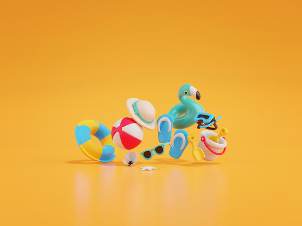 3d渲染火烈鸟充气和海滩配件孤立在橙色背景。夏天的概念。图片下载