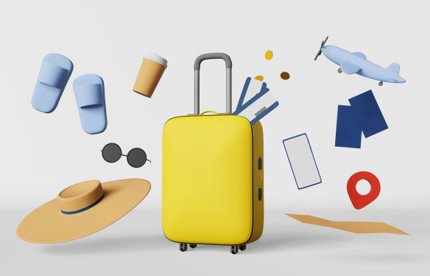 黄色行李箱机票地图护照拖鞋咖啡3d渲染横幅现代创意旅游销售广告图片下载