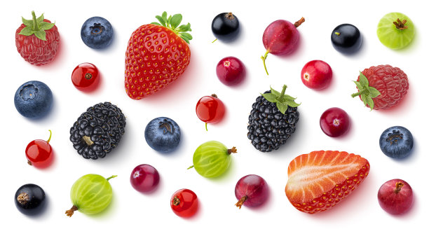 果实和浆果孤立在白色背景，俯视图，平铺图片下载