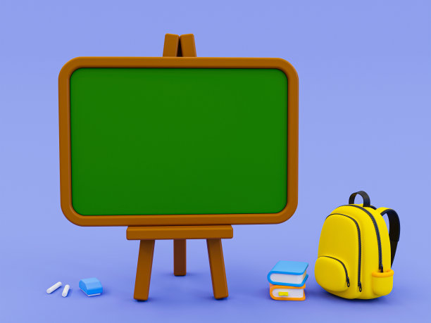 3d最小返校概念。教室主题的卡通白板模型。空白的白板，书包和书。三维渲染插图。图片下载