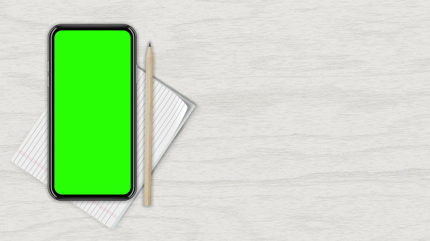 智能手机有一个空白的绿色屏幕，俯视图，对着白色的木质台面。在它旁边是一支铅笔和一张纸。3 d渲染图片下载