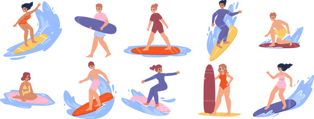卡通冲浪者在冲浪板上冲浪图片下载