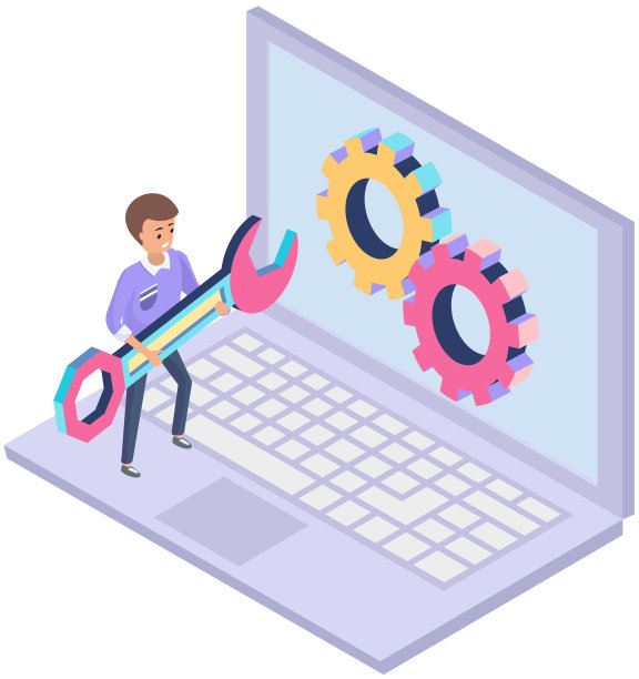 软件设置，技术支持，计算机服务理念。齿轮，工程师与扳手在屏幕上图片下载