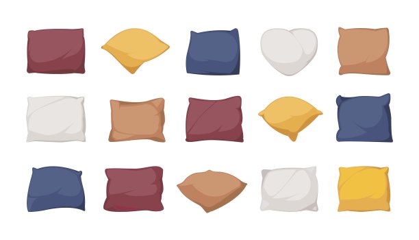 卡通枕头。舒适的羽毛靠垫不同形状的睡前放松，家居室内装饰纺织品卧室客厅装饰。向量平坦集图片下载