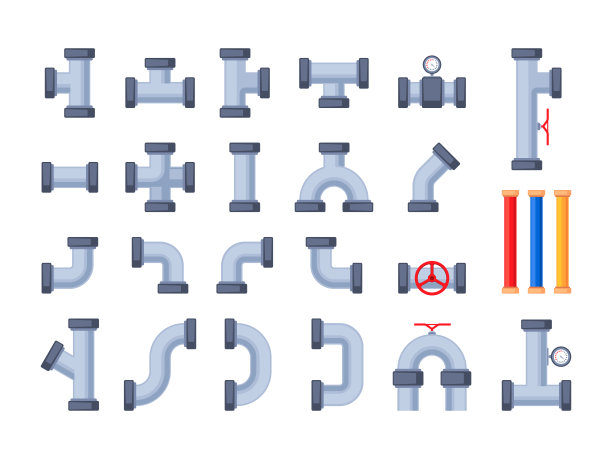 管元素。给水管道工程系统详细说明，管道连接件施工采用管道和阀门排水系统。向量平坦集图片下载