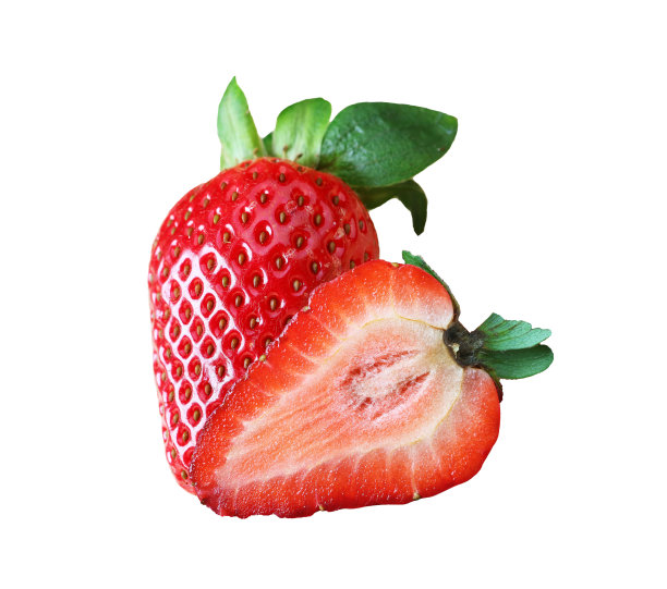 新鲜成熟草莓全果，白色背景横截面图片下载