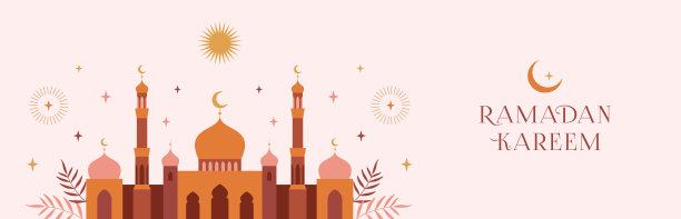 斋月banner、卡片、海报设计：现代几何简约设计与清真寺、新月、星空、拱形窗户。矢量素材。图片下载