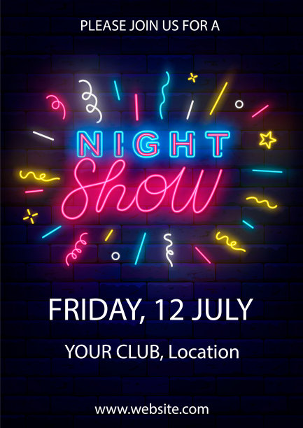 夜间表演霓虹灯传单。垂直海报模板。五彩纸屑烟花。晚间演出横幅。矢量图图片下载