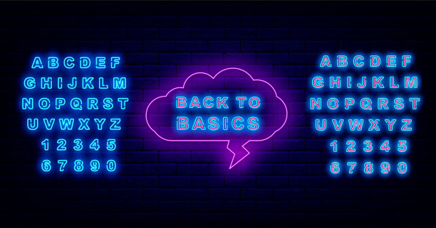 回到基本的霓虹灯标签。云思框。发光的绿松石字母。发光的标志。矢量股票图图片下载