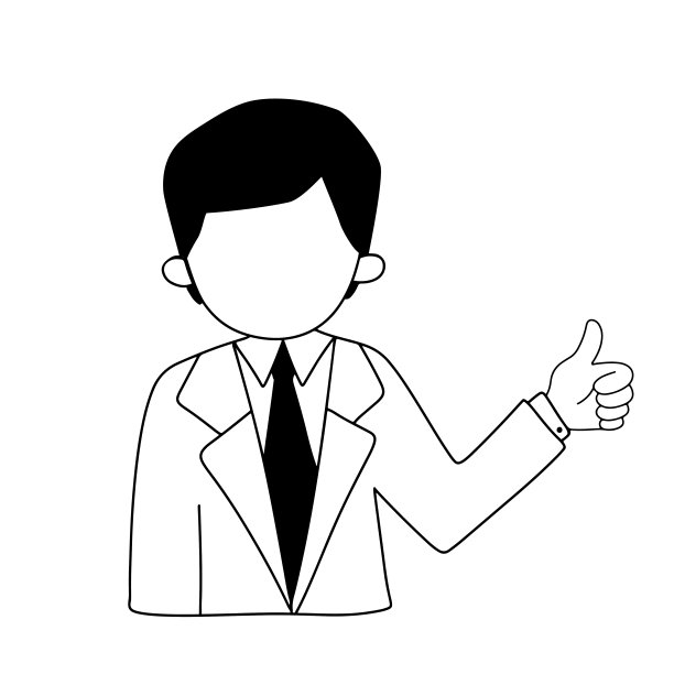 西装革履的抽象商人用手展示。产品质量和商业成功的象征。在白色背景上隔离的涂鸦矢量插图图片下载