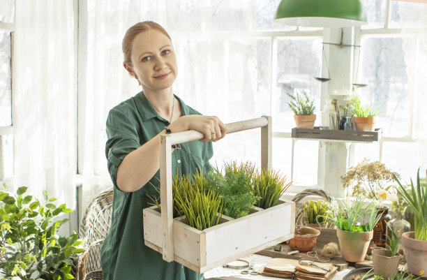 小女孩手里捧着盒子里的花苗图片下载