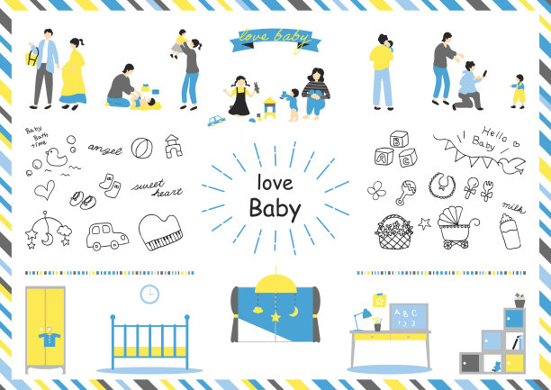 设置家庭和婴儿图标的插图图片下载