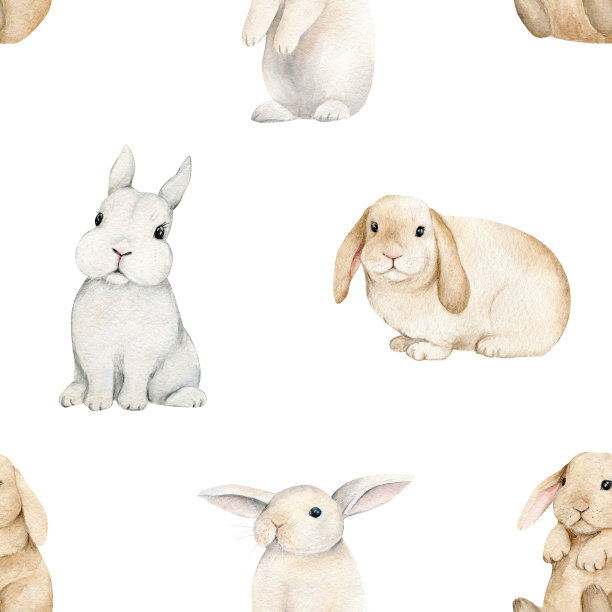 可爱的兔子无缝图案。手绘水彩动物说明织物，兔子包装纸在白色背景图片下载
