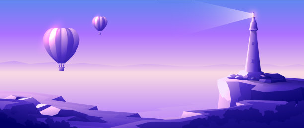 在灯塔的背景下，热气球正在海面上飞行。图片下载