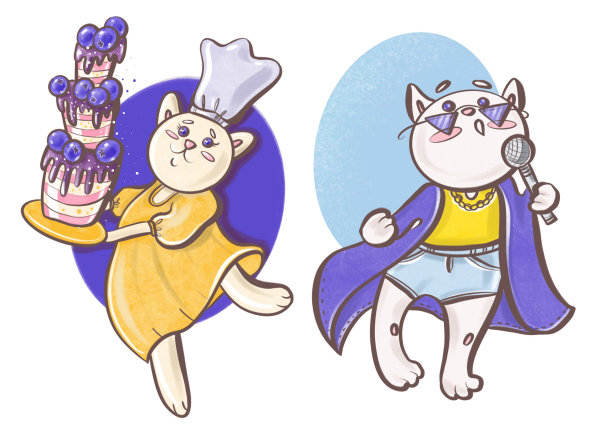 儿童插图卡通风格卡片猫专业糖果和歌手搞笑可爱的印刷包装设计元素图片下载