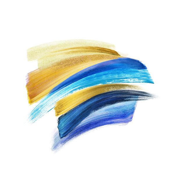 蓝色金抽象笔触孤立在白色背景，金色闪光油漆涂抹，手绘艺术形状，水彩剪贴艺术图片下载