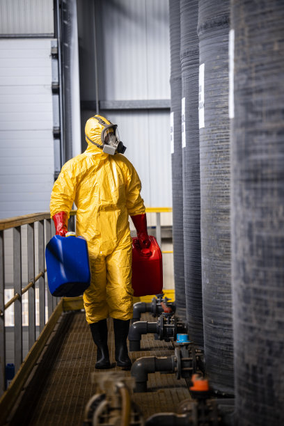 化工工人扛着罐子，走过工厂内的大型酸库。图片下载