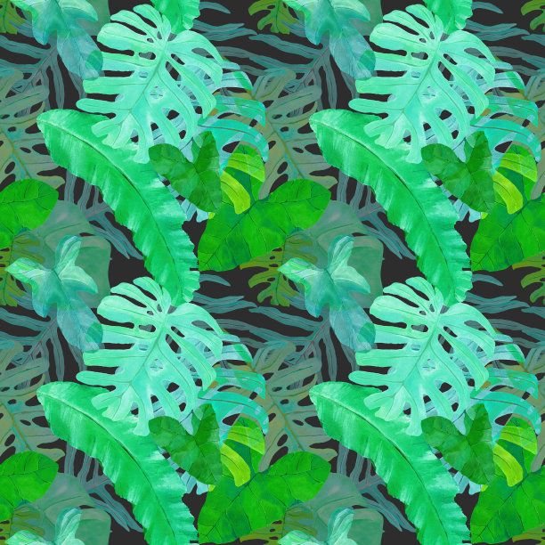 水彩无缝图案与热带树叶。野生的绿色巴西丛林背景。图片下载