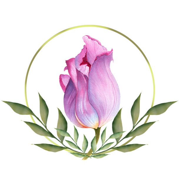 水彩画升华郁金香和叶子在一个金色的框架，手绘在水彩纸上，纸的纹理。图片下载