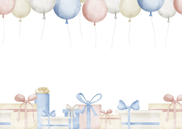 模板与气球和彩色礼盒水平贺卡或邀请。水彩手绘插图与生日派对的礼物在淡蓝色，粉红色的颜色图片下载