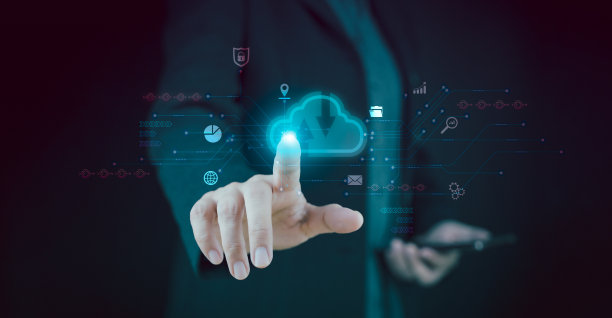 手触摸信息图云计算和技术图标，物联网，集中收集生活方式和机密信息，数字互联网银行。全球网络的元宇宙数据库系统。图片下载