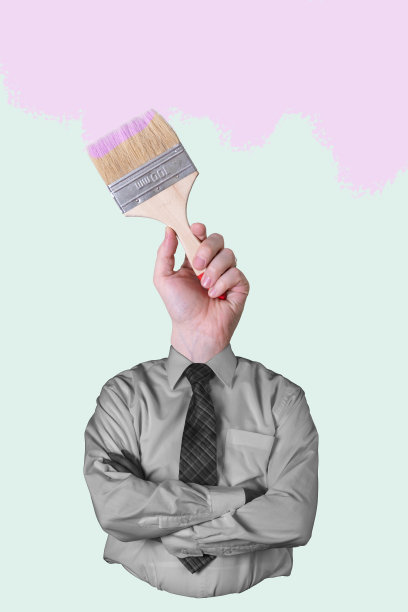 当代艺术拼贴画，描绘一个用画笔而不是头的人。图片下载