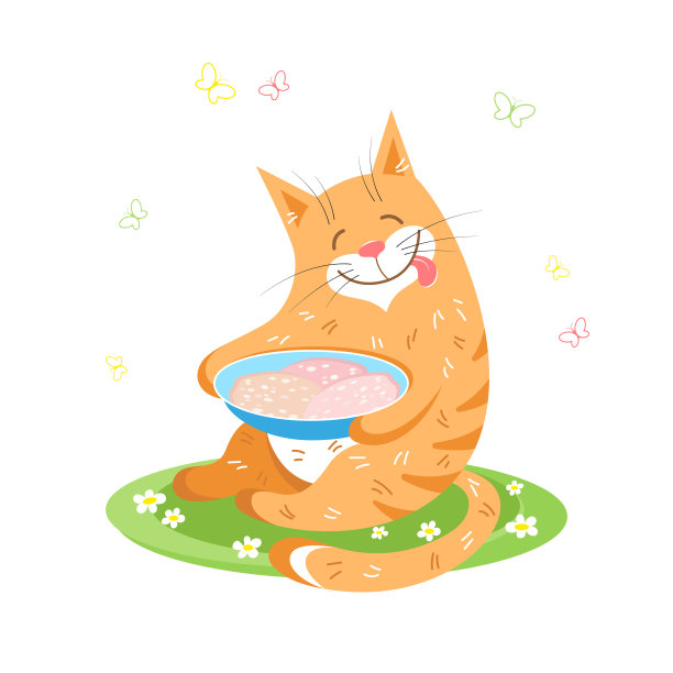 快乐的红猫和一碗白色背景的食物图片下载